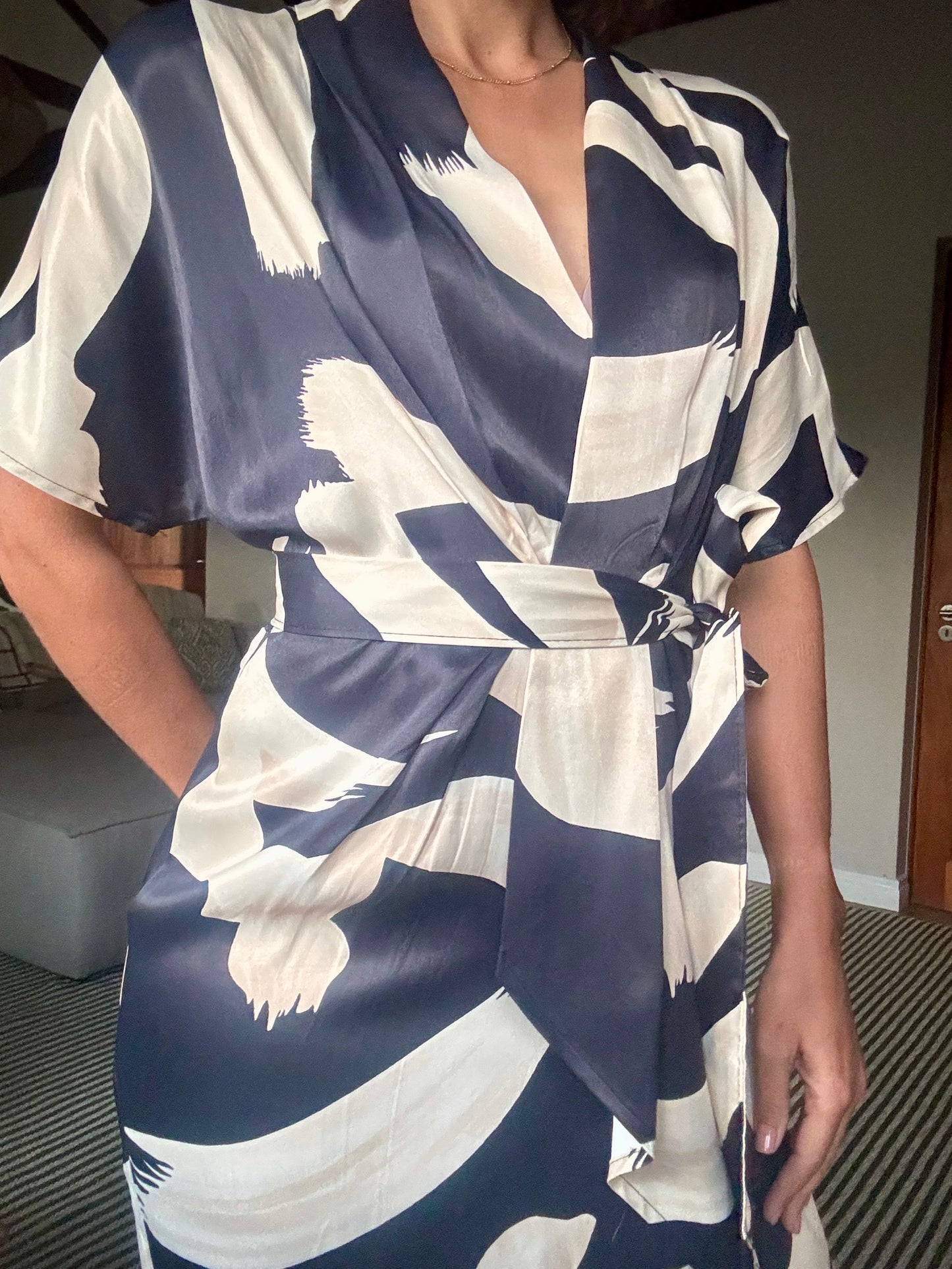 Beige and Black Pattern Dress with Belt