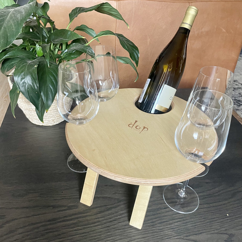 Picnic Table with space for 4 stemmed glasses and a bottle of wine