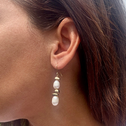 Pearl and Gold Pebble Earrings