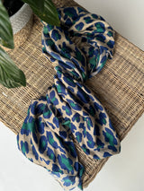 Blue and Green Leopard Scarf with Tassels