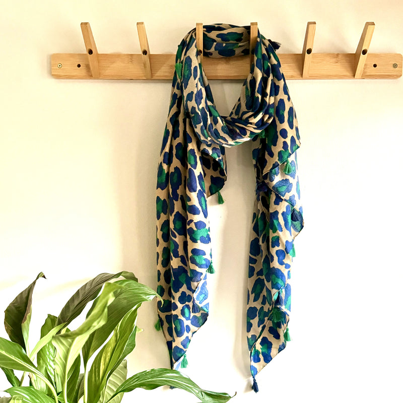 Blue and Green Leopard Scarf with Tassels