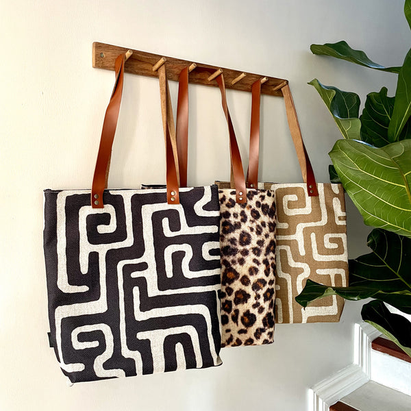 Leather and Fabric Tote Bags in Nola and Cougar Print