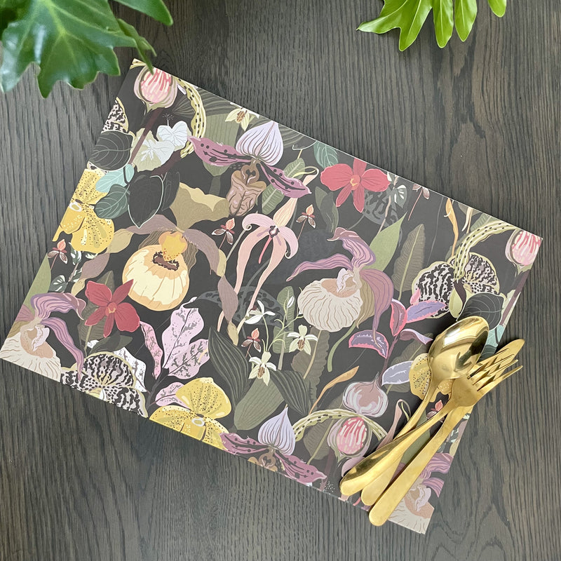 Orchids in Midnight Paper Placemats