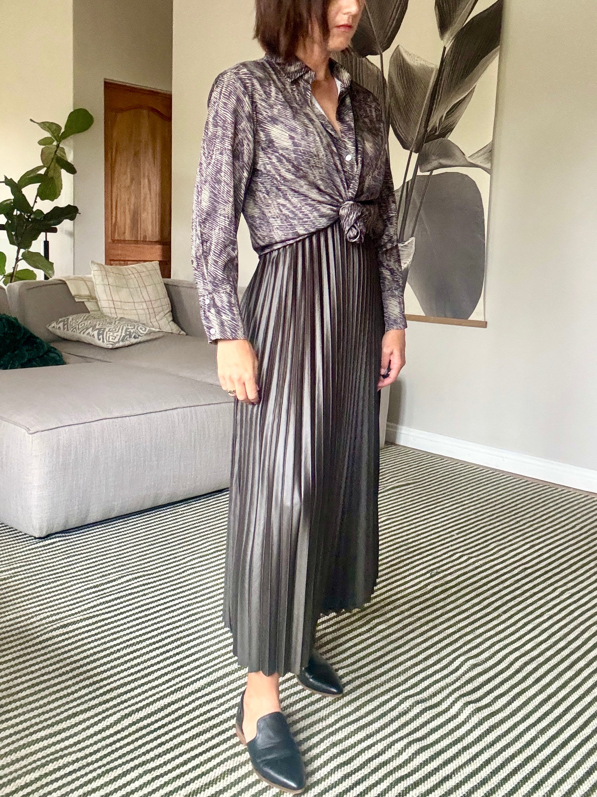 Olive Green Pleated Pleather Skirt