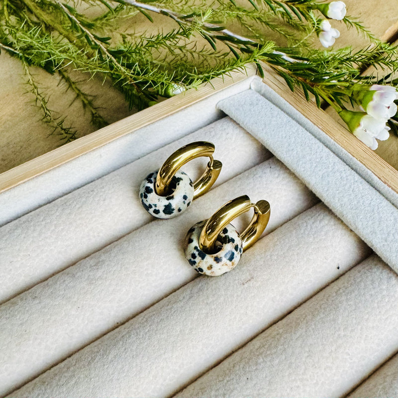 Gold Round Earrings with Stone Pendant