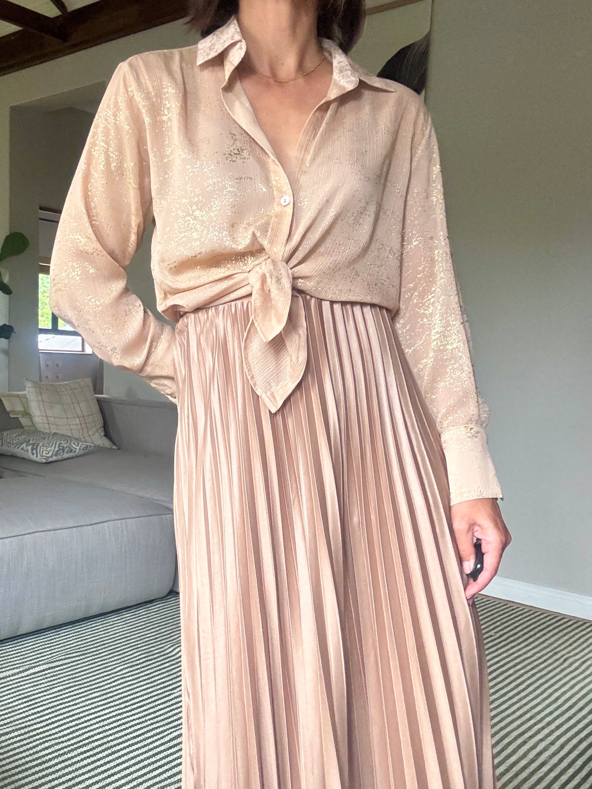 Champagne Pleated Pleather Skirt