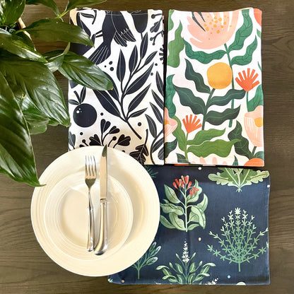 Table Runners in Black Bird, Fynbos and Herb print