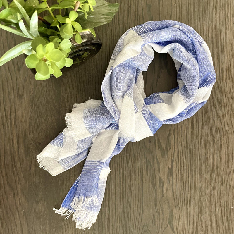 Blue and White Stripe Scarf with Silver Thread
