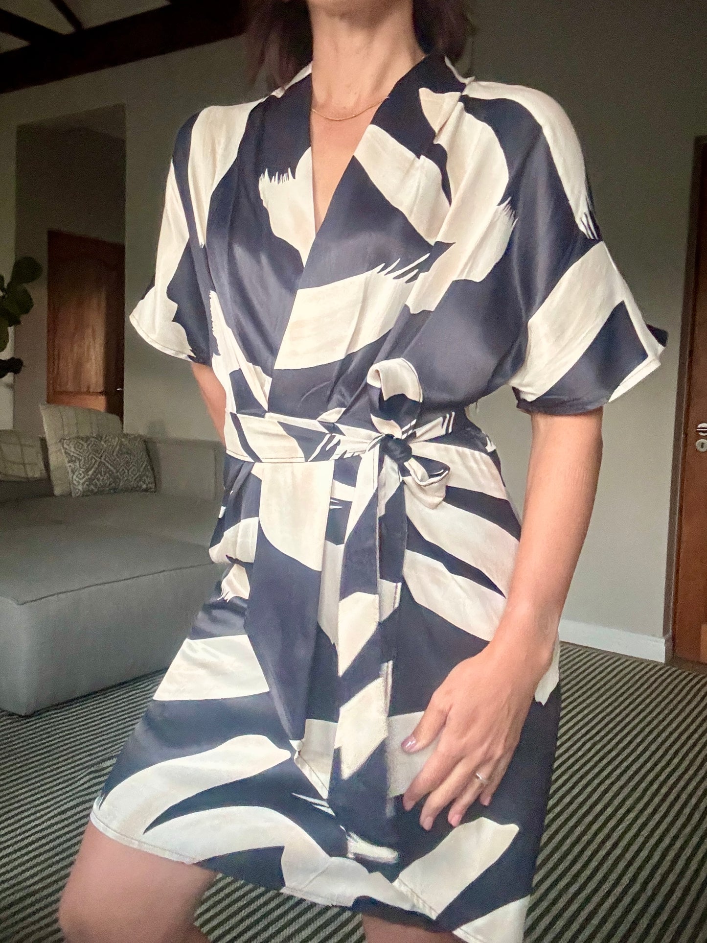 Beige and Black Pattern Dress with Belt