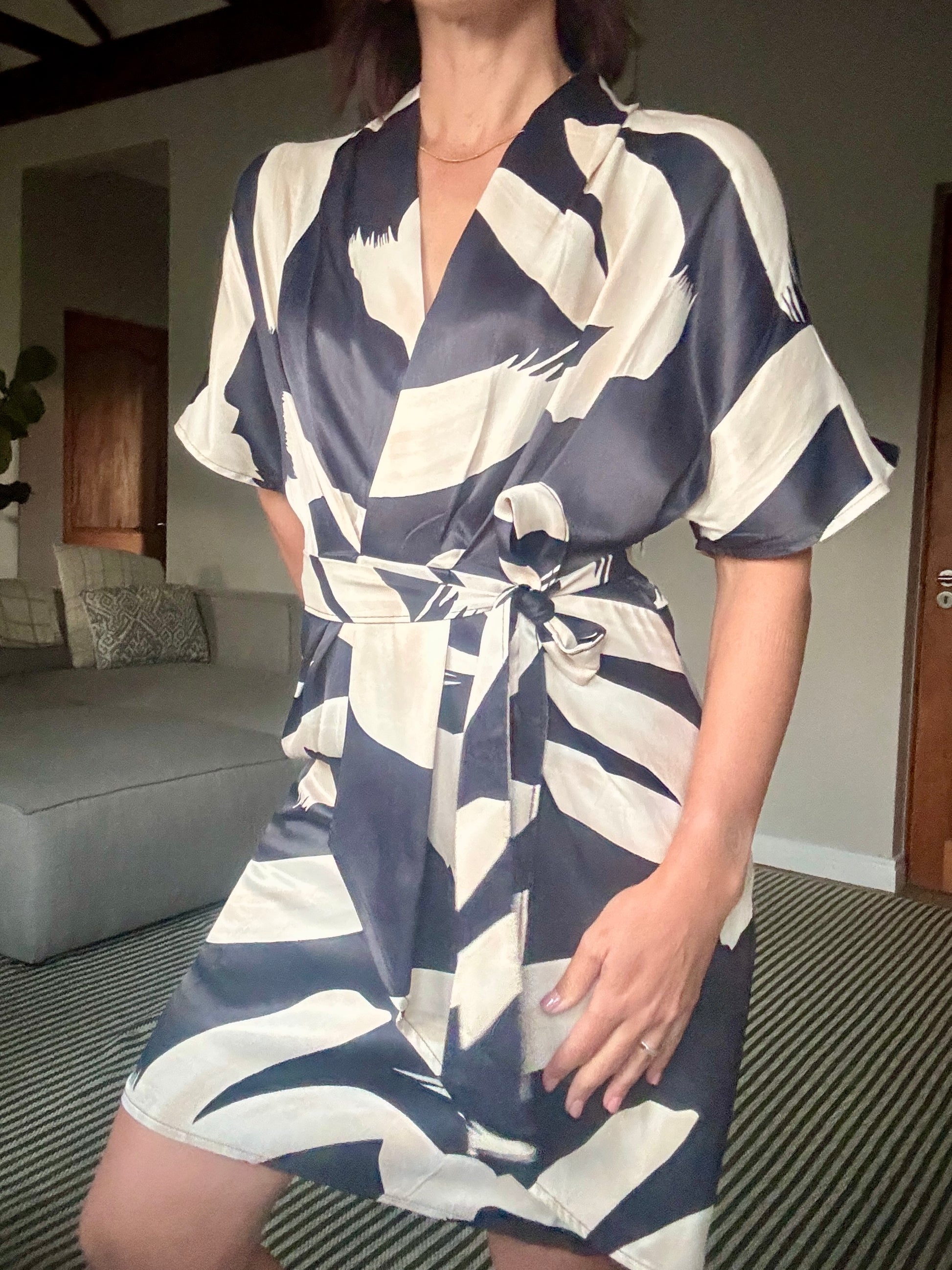 Beige and Black Pattern Dress with Belt