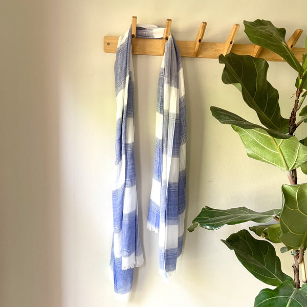 Blue and White Stripe Scarf with Silver Thread