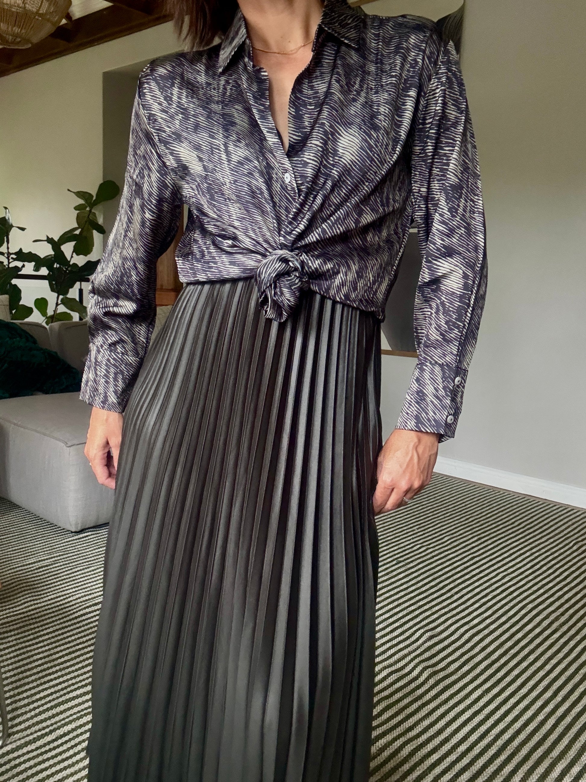 Olive Green Pleated Pleather Skirt