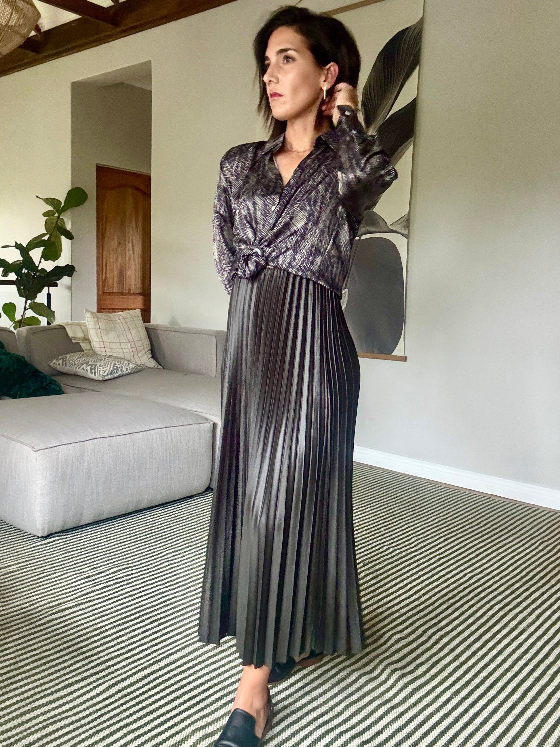 Olive Green Pleated Pleather Skirt