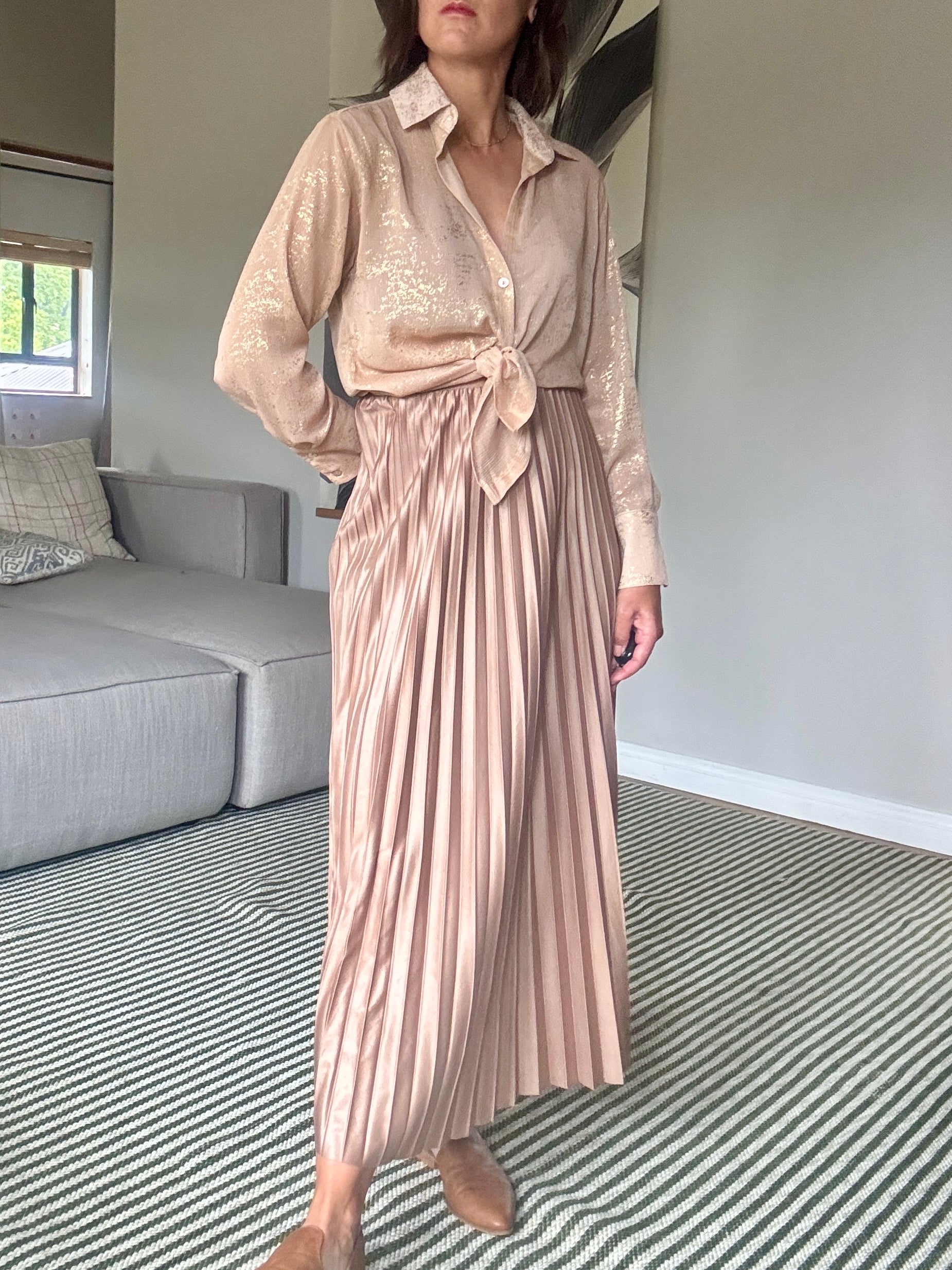 Champagne Pleated Pleather Skirt