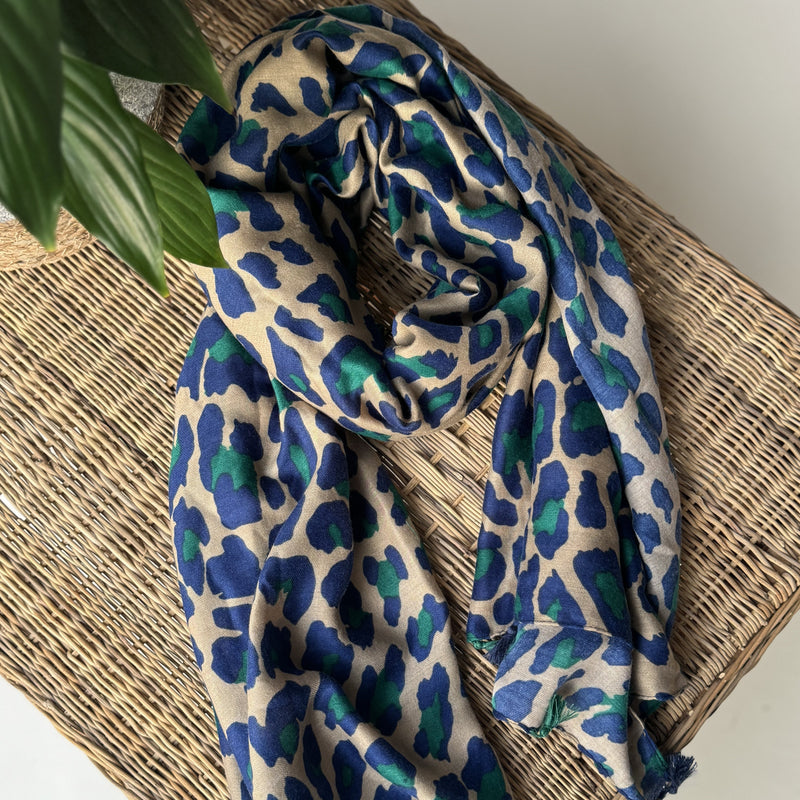 Blue and Green Leopard Scarf with Tassels