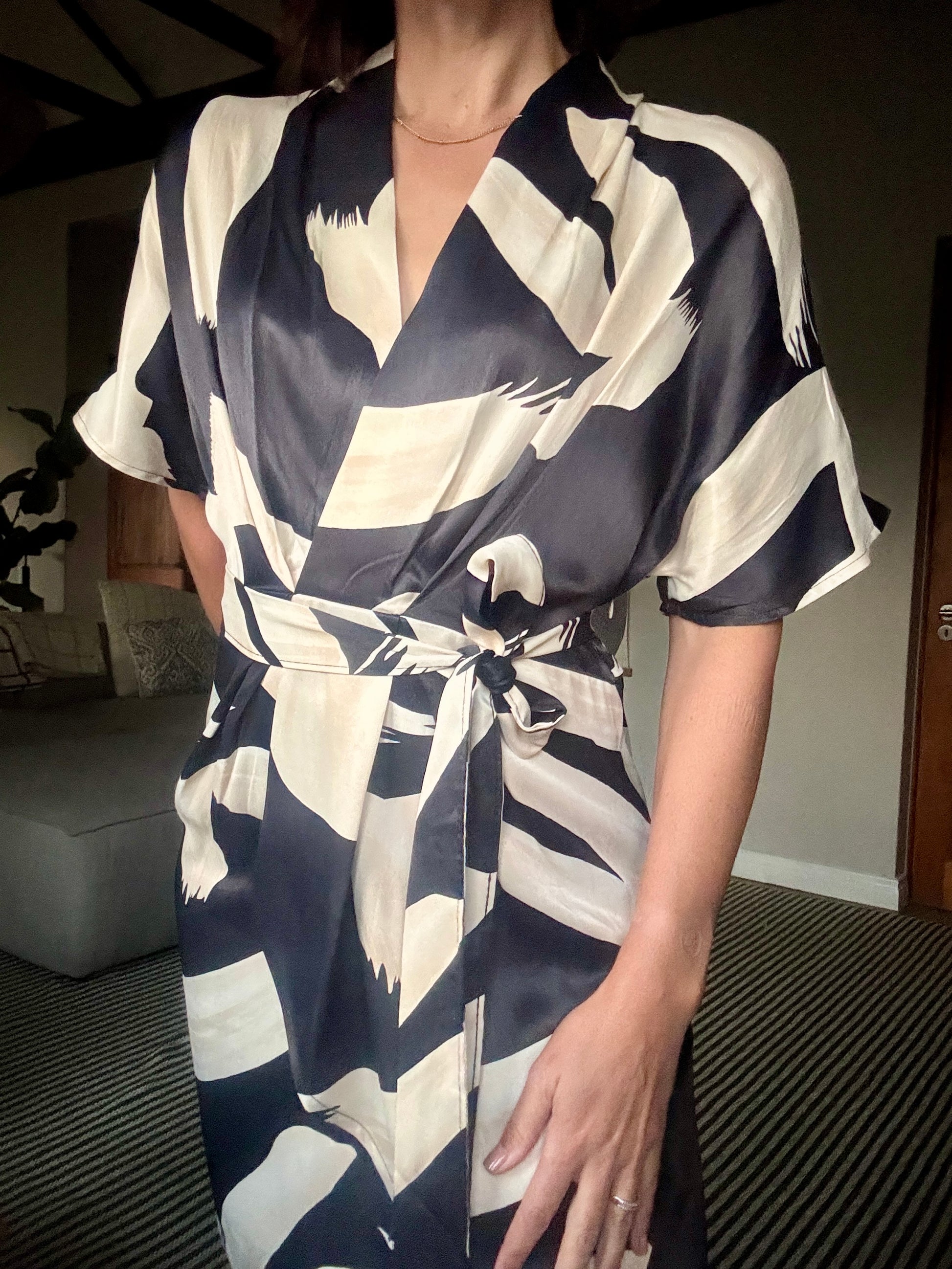 Beige and Black Pattern Dress with Belt