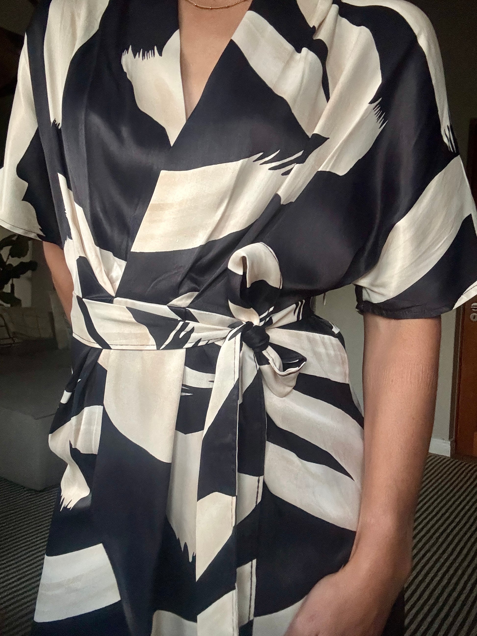 Beige and Black Pattern Dress with Belt