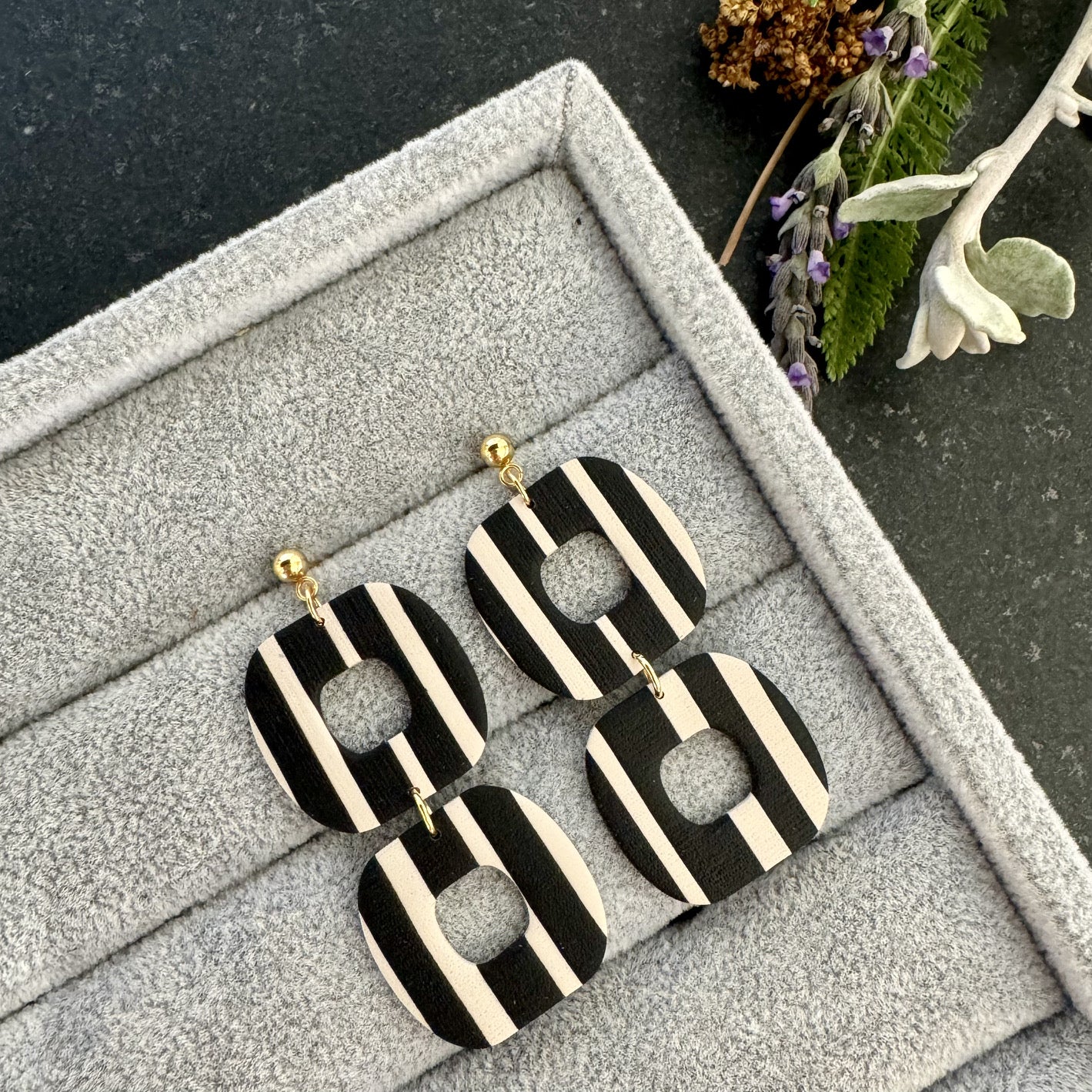 Black and Sand Striped Dangling Earrings - iszi ONLINE