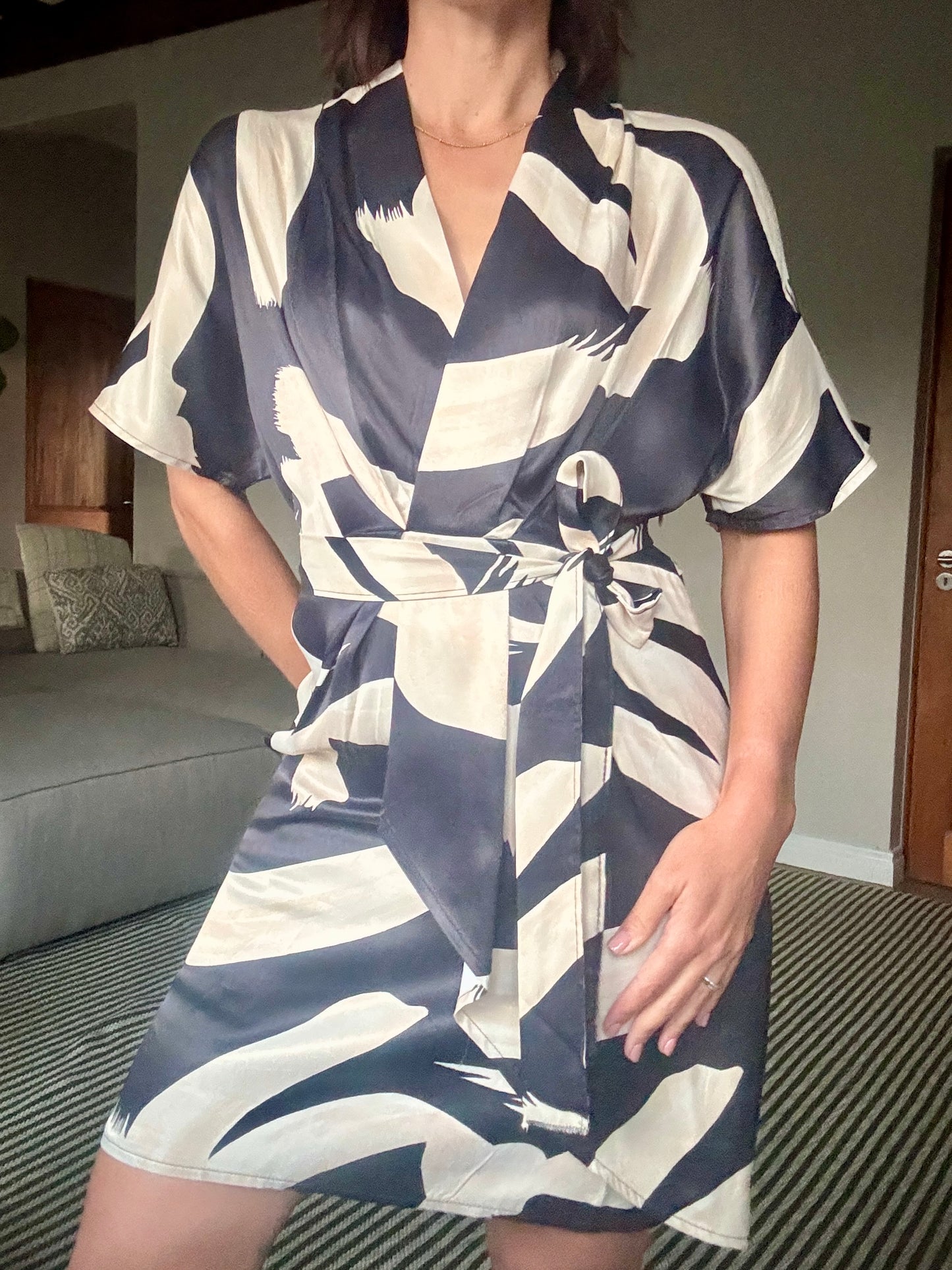 Beige and Black Pattern Dress with Belt