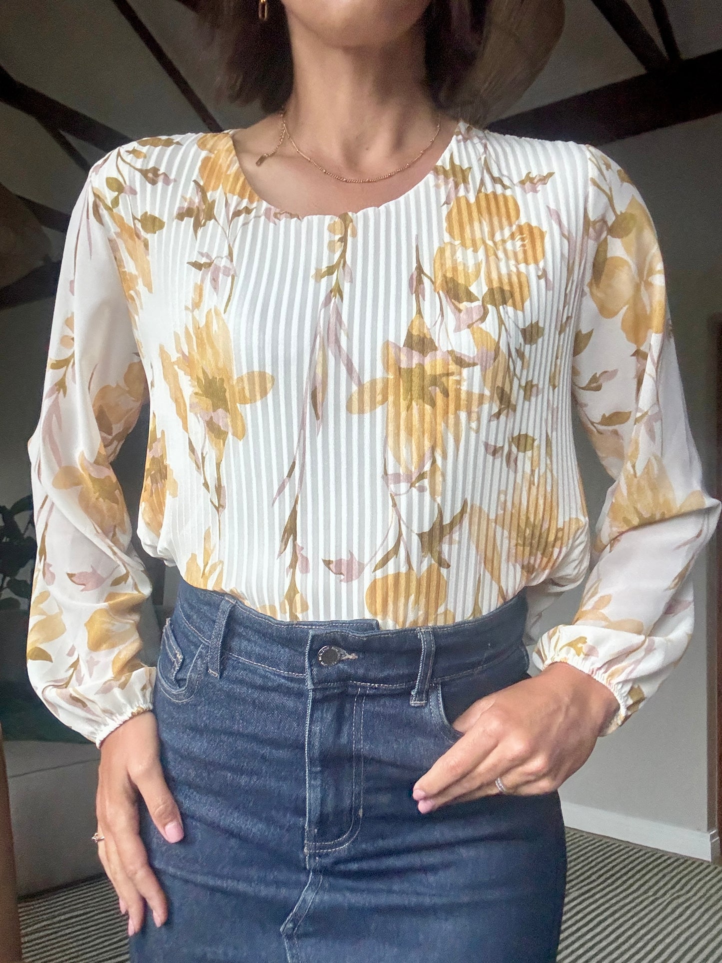 Pleated Leafy Blouse Yellow
