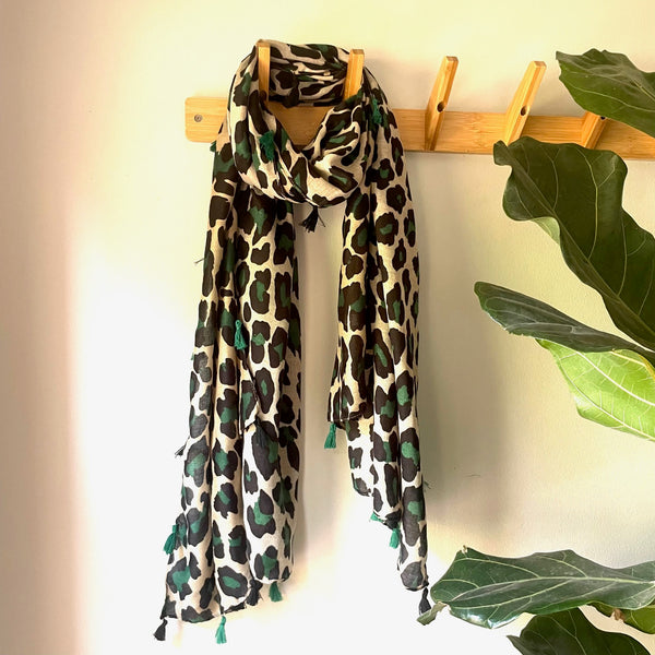 Black and Green Leopard Scarf with Tassels