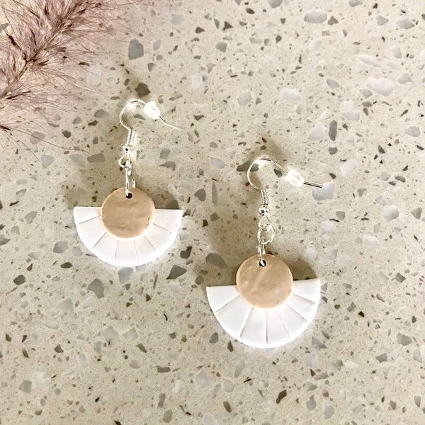 Polymer Clay Earrings in sunray design, white and beige color