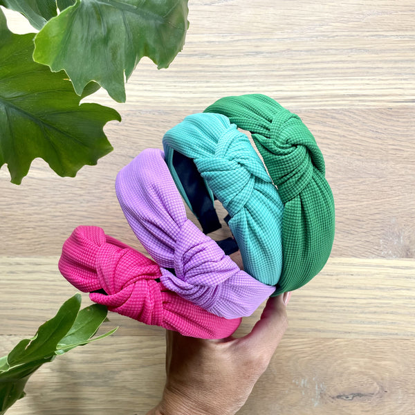 Bright Knot Alice Bands in pink, purple, turquoise and green