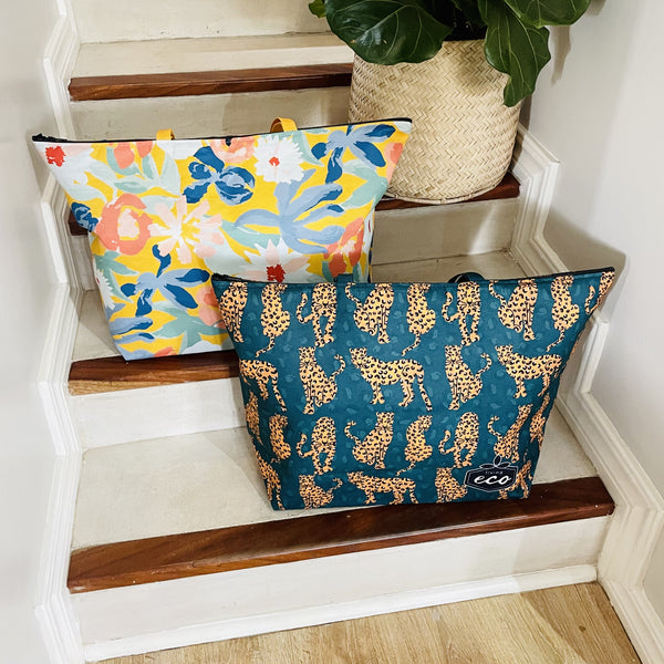 Medium Beach Bags in Leopard and Yellow Floral Prints