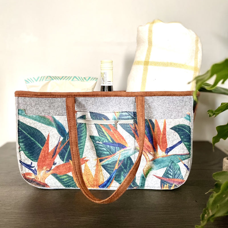 Picnic Bag and Storage Tote made with velt with strelitzia design
