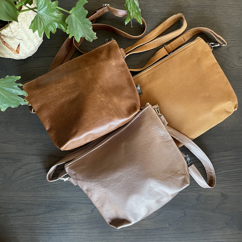 Stowe bags in toffee, tan and metallic pink leather