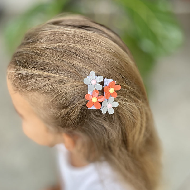 Girls Flower Hair Clips - Grey and Orange Daisy