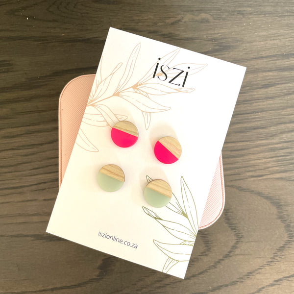 Pink and Green wooden Stud Earrings