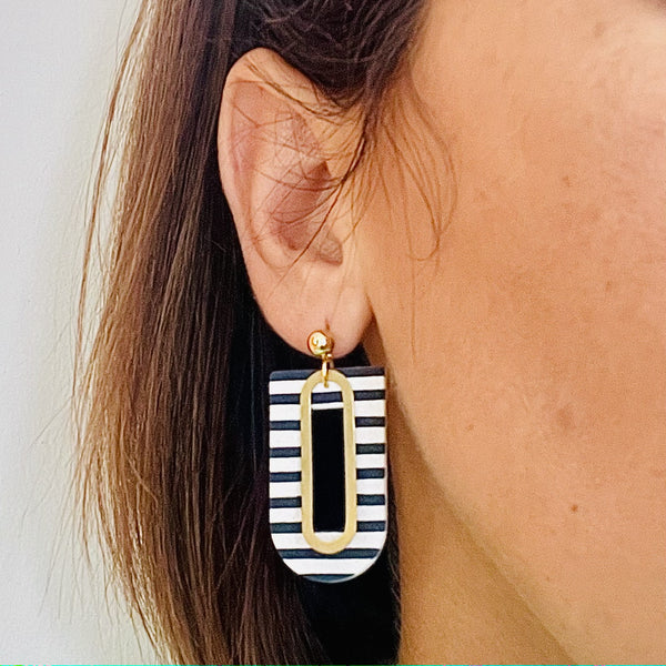 Navy, White and Gold Clay Earrings