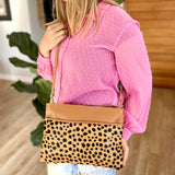 Double Tan Leather Leopard Print Hand Bag