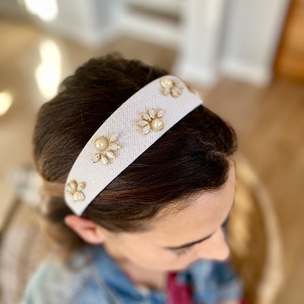 White Alice Band with Gold and Pearl Detail