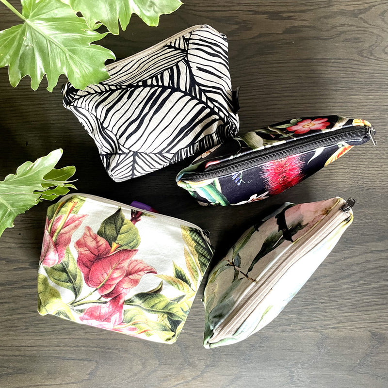 Four Toiletry Bags in Sketched Black , Laurel Sage and White Bougainvillea Fabric