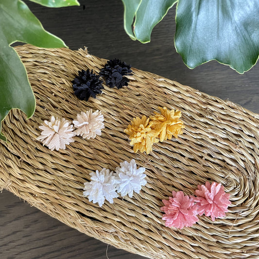 Fabric Flower Stud Earrings in Black, White, Cream, Coral and Mustard