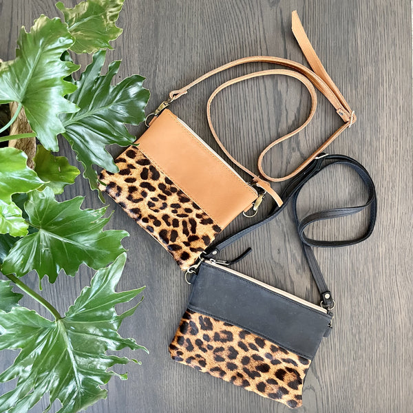 Tan Leather Leopard Print  Sling Bag