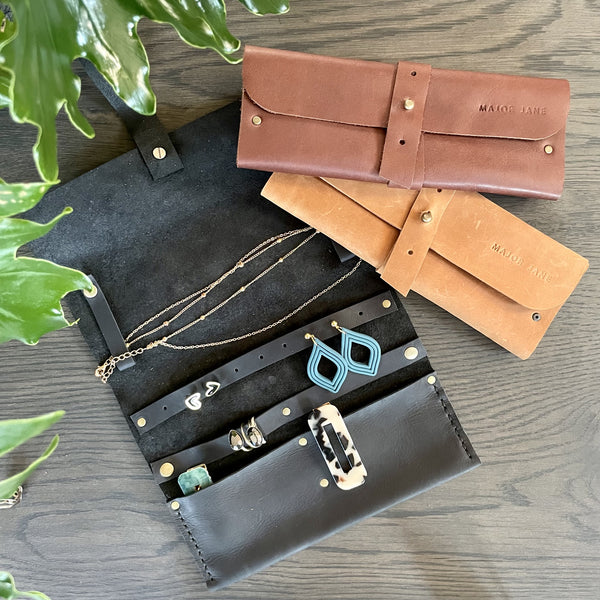 Leather Jewellery Roll-up - Black