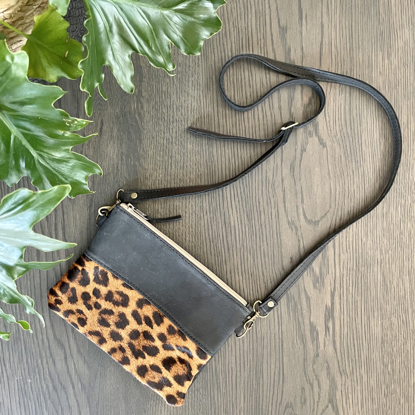 Black Leather Sling bag with Leopard Print