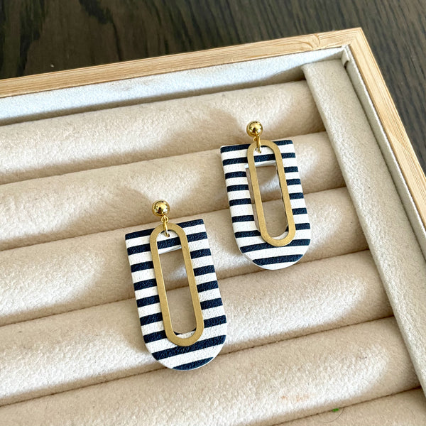 Navy Blue and White Stripe clay earrings with gold detail