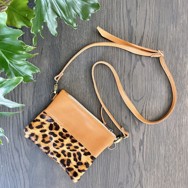 Tan Leather Leopard Print  Sling Bag