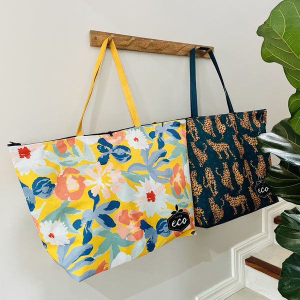 Medium Beach Tote Bag - Yellow Floral and Leopard