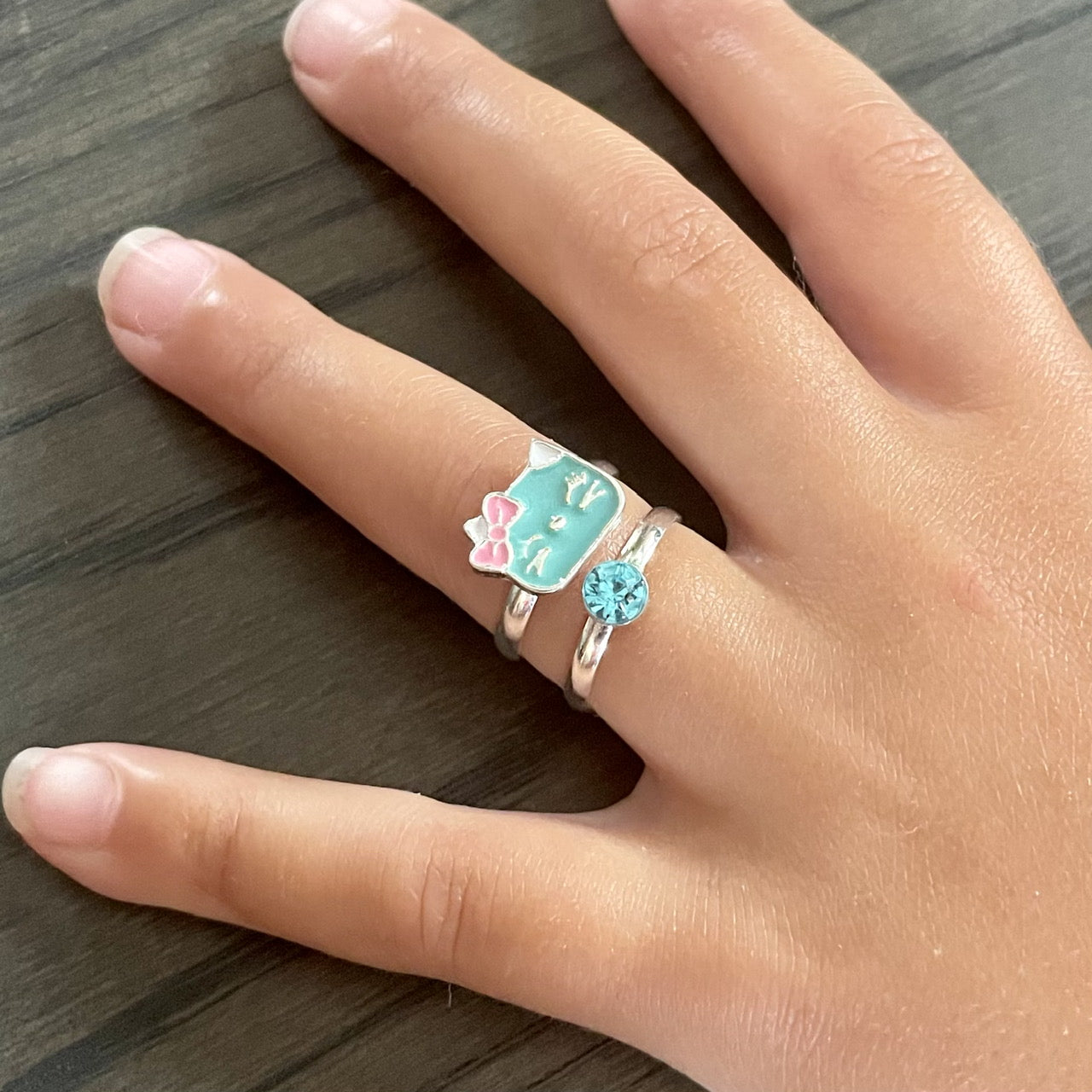 Kitty and Blue Rhinestone Rings - iszi ONLINE