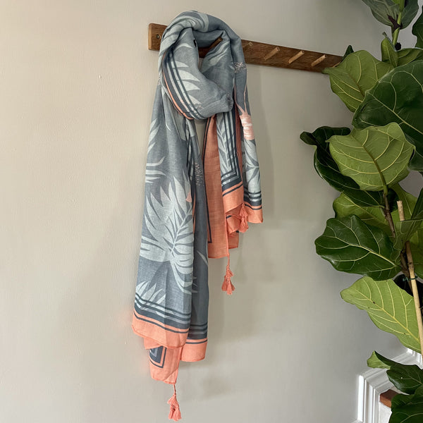 Flamingo Coral and light Blue Tassel Scarf