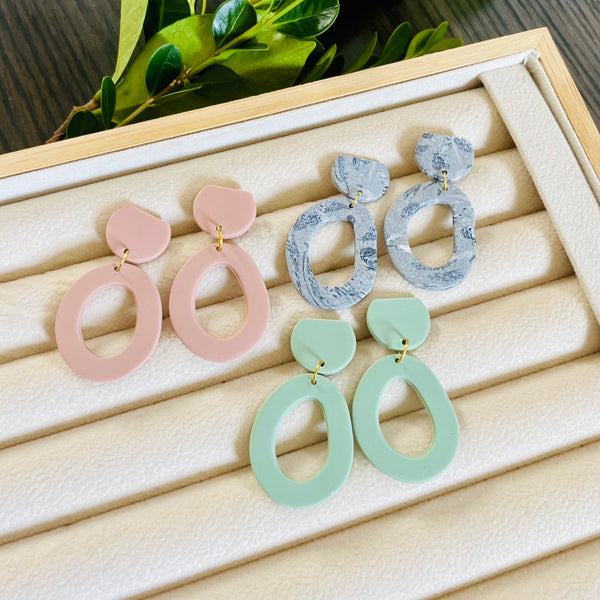 Polymer Clay Earrings - Concrete, Green & Pink