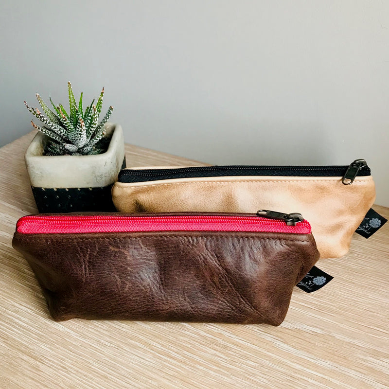 Leather Pencil Bag - Small Pink Metallic – iszi ONLINE