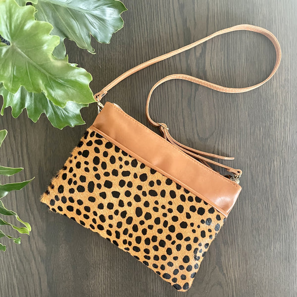 Double Tan Leather Leopard Print Sling Bag