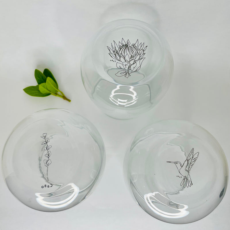 Stemless glasses with protea, eucalyptus leaf and hummingbird