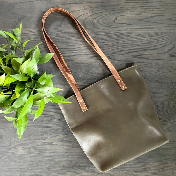 Olive Leather Tote Bag